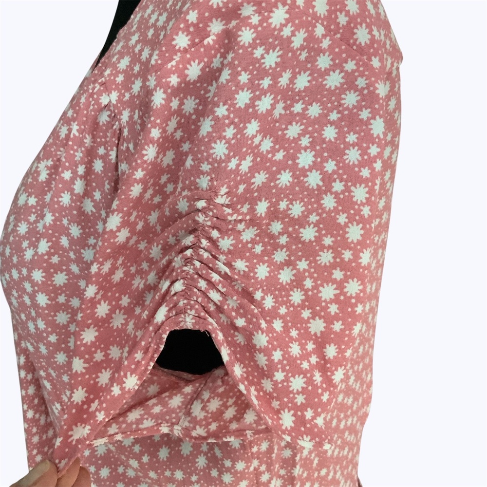 & Other Stories Pink Floral V Neck Wrap Midi Dress Ruched Puffed Sleeves SZ 6 - Picture 9 of 14